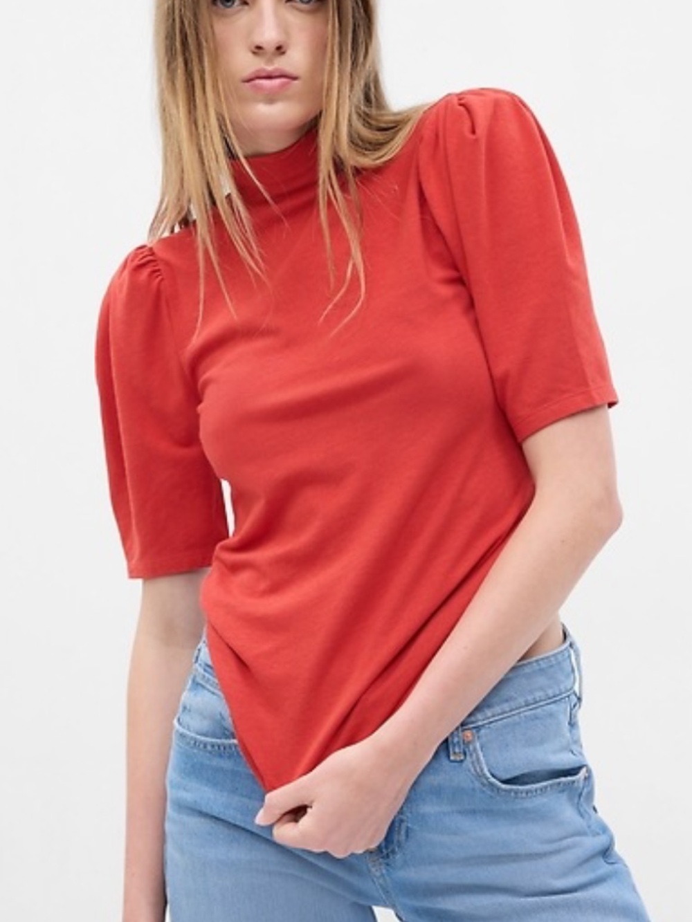 Gap Women's Mock Neck Top Featherweight Puff Sleeve Rib T-Shirt NWT Size XS